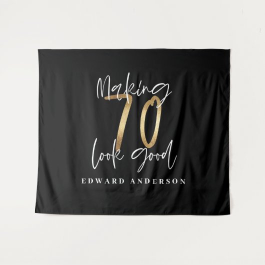 70歳の誕生日 現代的なブラックとゴールド おしゃれ タペストリー (正面(横))