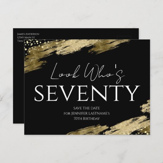 70歳の誕生日 誰が ゴールド ブラック Save the Date ポストカード (正面/裏面)