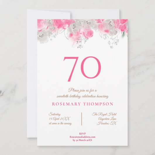 70歳エレガント誕生日パーティー繊細な花模様ピンク 招待状 (正面)