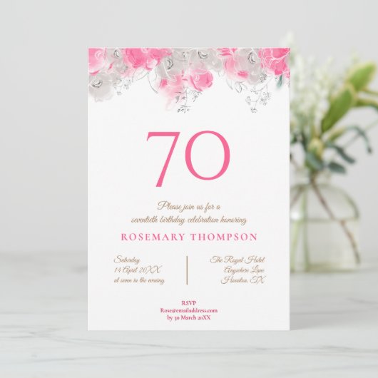 70歳エレガント誕生日パーティー繊細な花模様ピンク 招待状 (スタンド正面)