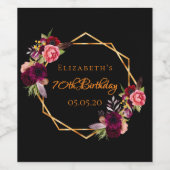 70歳誕生日バーガンフローラ金ゴールド黒 ワインラベル (シングルラベル)