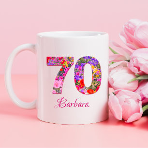 70歳70歳の誕生日パーティーフローラピンク薄紫マグカップ コーヒーマグカップ