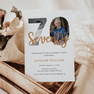 70番モダン誕生日2枚の写真 招待状
