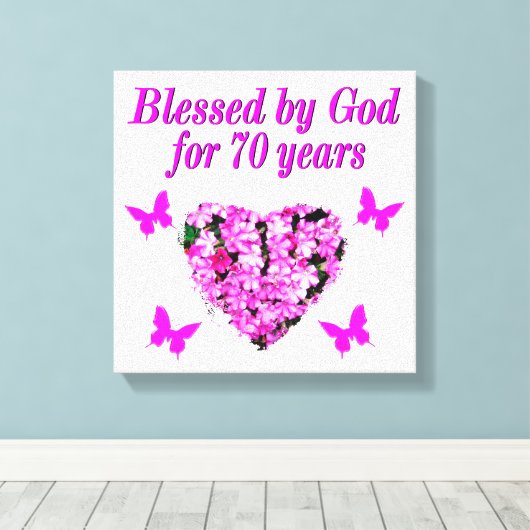 70番目かわいらしのピンクフローラ誕生日デザイン キャンバスプリント (インサイチュ (ウッドフロア))