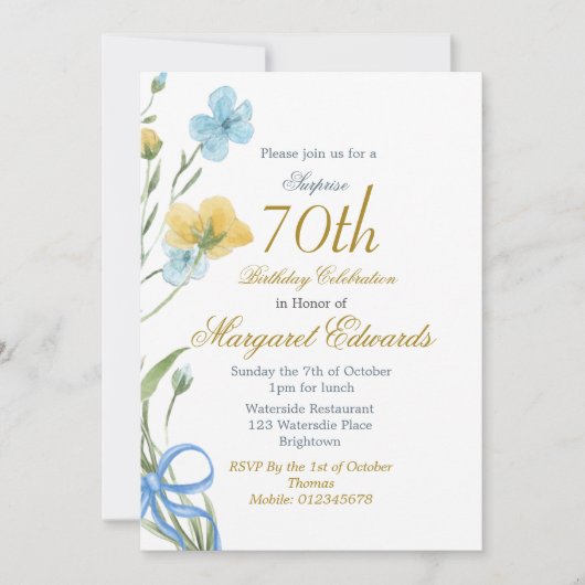 70番目のフローラ金ゴールドエレガントフォト誕生日 招待状 (正面)