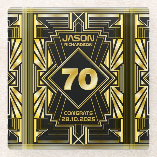 70番目の誕生日アールデコ金ゴールドブラック・ギ素晴らしャツビー ガラスコースター (正面)