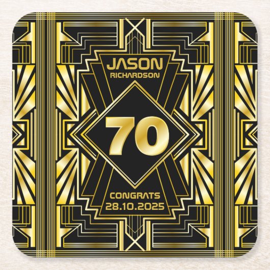70番目の誕生日アールデコ金ゴールドブラック・ギ素晴らしャツビー スクエアペーパーコースター (正面)