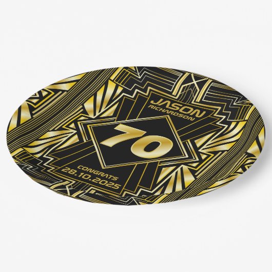 70番目の誕生日アールデコ金ゴールドブラック・ギ素晴らしャツビー ペーパープレート (アングル)