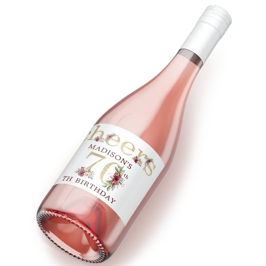 70番目の誕生日パーソナライズされた金ゴールドフローラ スパークリングワインラベル