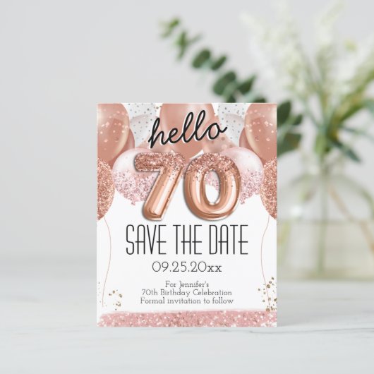 70番目の誕生日ピンクのグリッター日付を保存 (スタンド正面)