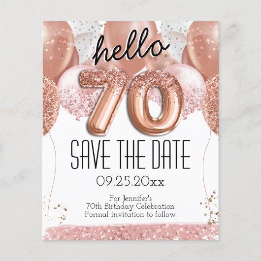 70番目の誕生日ピンクのグリッター日付を保存 (正面)