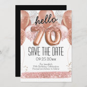 70番目の誕生日ピンクのグリッター日付を保存 招待状 (正面/裏面)