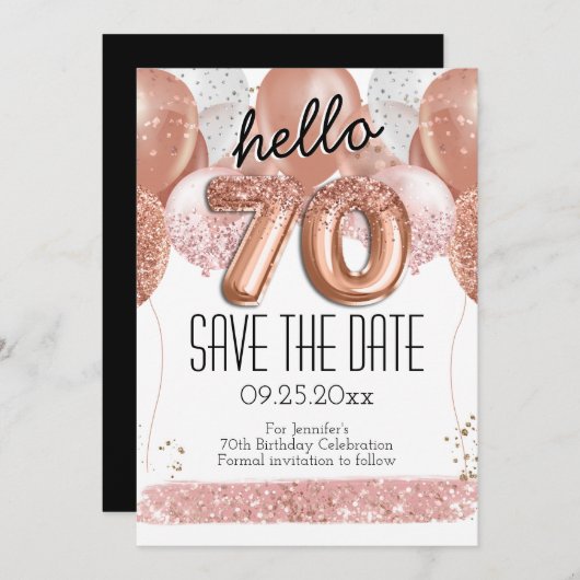 70番目の誕生日ピンクのグリッター日付を保存 招待状 (正面/裏面)