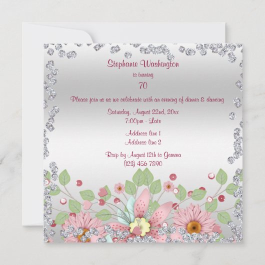 70番目の誕生日フローラディスプレイ&ダイヤモンド 招待状 (裏面)