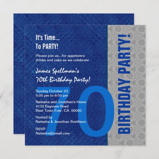 70番目の誕生日ブルーと銀の模様がリサイクル 招待状 (正面/裏面)