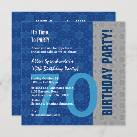 70番目の誕生日モダンシルバー&ブルおもしろいーD848A 招待状 (正面/裏面)