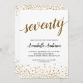 70番目の誕生日モダン金ゴールド紙吹雪ドットスクリプト 招待状 (正面/裏面)