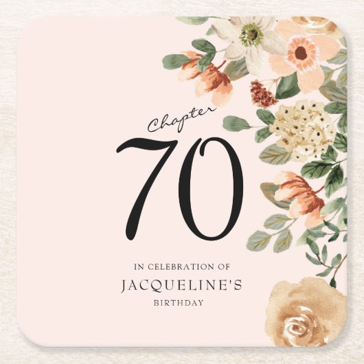 70番目の誕生日ヴィンテージフローラ スクエアペーパーコースター (正面)