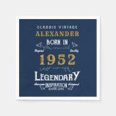 70番目の誕生日名前の追加1952ヴィンテージ青金ゴールド スタンダードカクテルナプキン (正面)