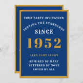 70番目の誕生日名前を追加1952シックエレガントブルー金ゴールド 招待状 (正面/裏面)