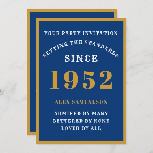 70番目の誕生日名前を追加1952シックエレガントブルー金ゴールド 招待状 (正面/裏面)