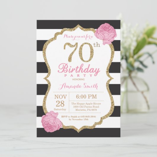 70番目の誕生日招待状ピンクブラック金ゴールドフローラ 招待状 (スタンド正面)