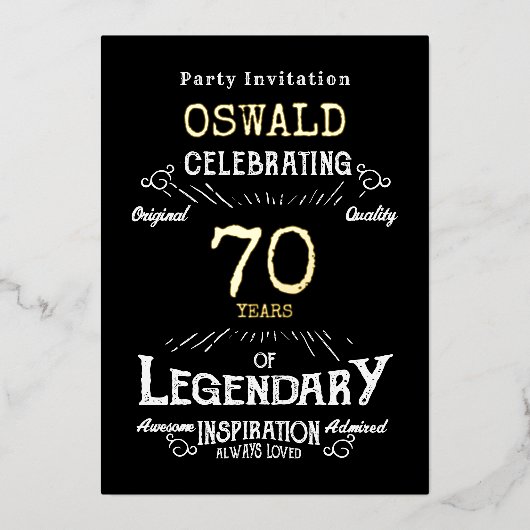 70番目の誕生日生まれレジェンドブラック金ゴールドレトロ 箔招待状 (正面)