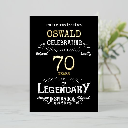 70番目の誕生日生まれレジェンドブラック金ゴールドレトロ 箔招待状 (立ち正面)