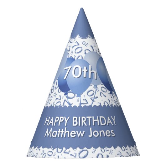 70番目の誕生日番号パターン青/白ホタテ パーティーハット (正面)