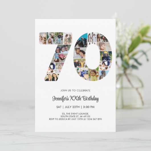 70番目の誕生日番号70カスタムフォトコラージュ 招待状 (スタンド正面)