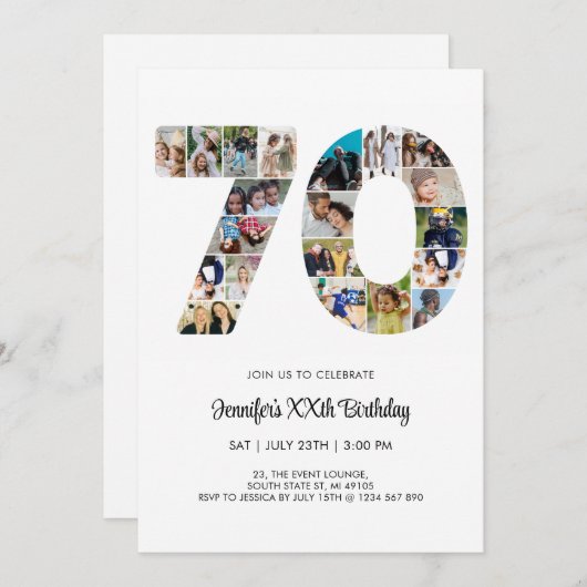 70番目の誕生日番号70カスタムフォトコラージュ 招待状 (正面/裏面)