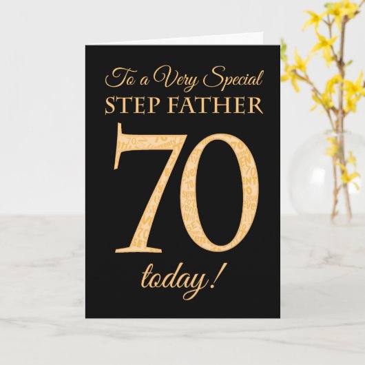 70番目の金ゴールド効果のブラック、ステップファーザー誕生日 カード (黄色い花)