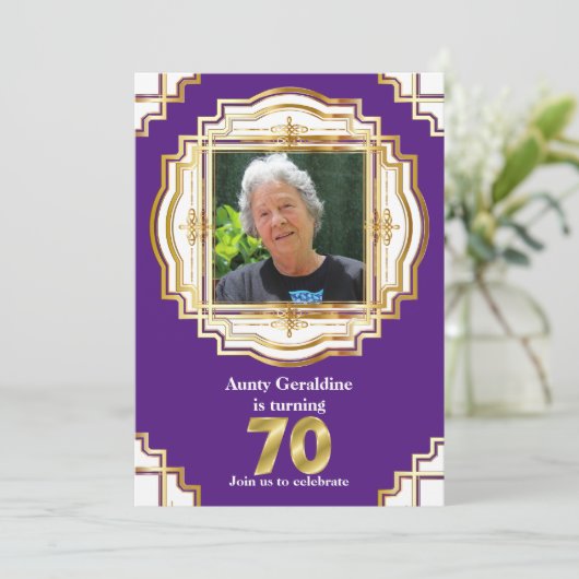 70番目の金ゴールド紫エレガント色のフォトフレーム70 招待状 (スタンド正面)