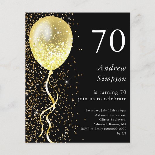 70番目 |ブラック&金ゴールド誕生日予算招待状 (正面)