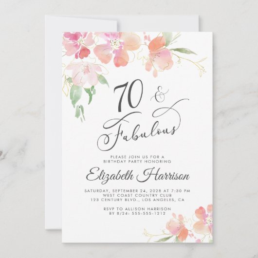 70素晴らしいピンクのフローラ水彩の誕生日パーティー 招待状 (正面)