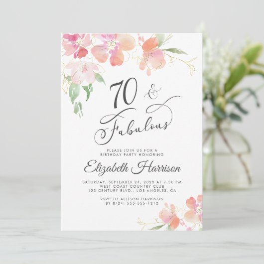 70素晴らしいピンクのフローラ水彩の誕生日パーティー 招待状 (スタンド正面)
