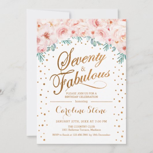 70素晴らしい誕生日パーティー – ホワイト金ゴールドピンク 招待状 (正面)