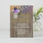 70素朴誕生日 – パープルフラワーズメイソンジャー金ゴールド 招待状 (スタンド正面)