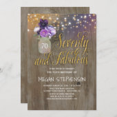 70素朴誕生日 – パープルフラワーズメイソンジャー金ゴールド 招待状 (正面/裏面)