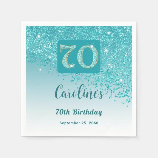 70誕生日かわいらしティール（緑がかった色）ブルーグリッターナプキンス スタンダードカクテルナプキン (正面)