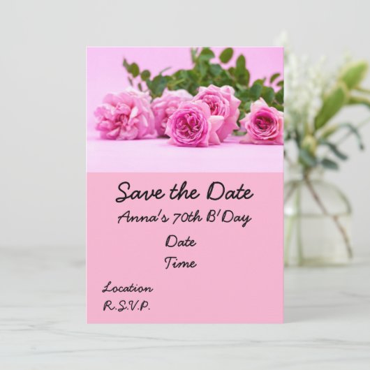 70誕生日でピンクのバラがピンク色の背景に 招待状 (スタンド正面)