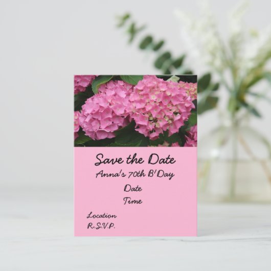 70誕生日にピンクのあじさいが咲く ポストカード (スタンド正面)