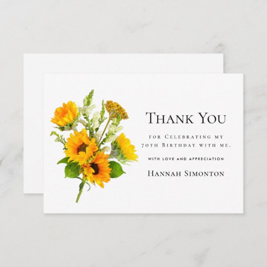 70誕生日ひまわりブーケパーソナライズされた サンキューカード (正面/裏面)