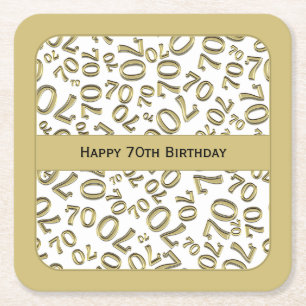 「70誕生日めでたい」金ゴールド/ホワイトナンバーパターン スクエアペーパーコースター