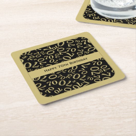 「70誕生日めでたい」金ゴールド/黒番パターン スクエアペーパーコースター (アングル)