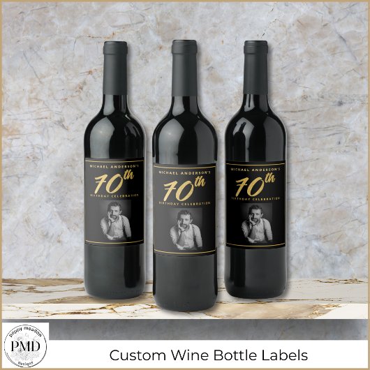 70誕生日エレガントフォトブラック金ゴールドワインラベル ワインラベル