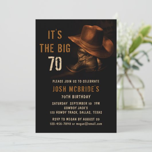 70誕生日カウボーイ素朴カントリーハットブーツ 招待状 (スタンド正面)
