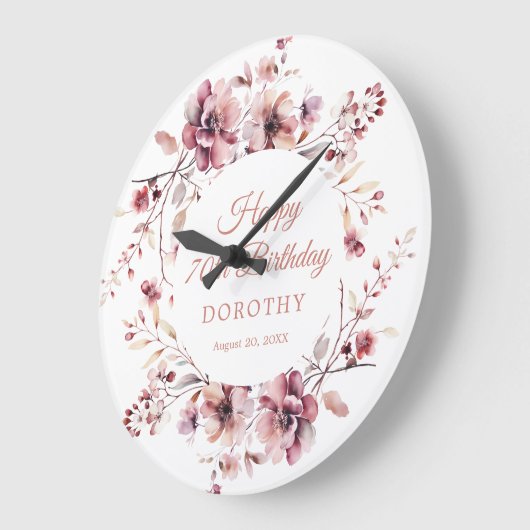 70誕生日ギフトバーガンディーピンクフローラ ラージ壁時計 (傾斜)