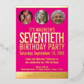 70誕生日グラフィックピンクの金ゴールドフォイルの写真サークル 箔招待状 (正面)