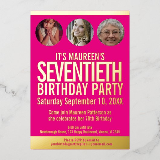 70誕生日グラフィックピンクの金ゴールドフォイルの写真サークル 箔招待状 (正面)